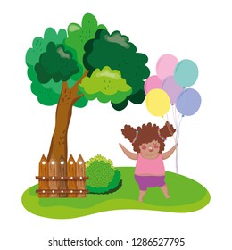 Little chubby girl with balloons air in the landscape
