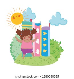 Little chubby girl with pile books in the landscape