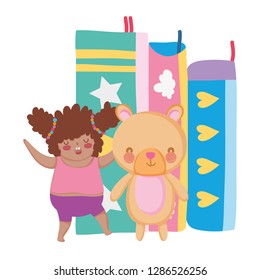Little chubby girl with pile books and bear