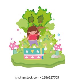 Little chubby girl with pile books in the landscape