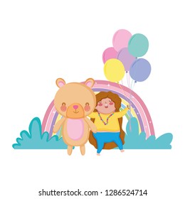 Little chubby girl with rainbow and balloons helium