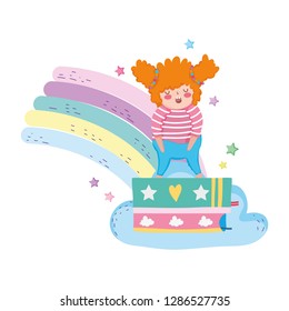 Little chubby girl with rainbow and books