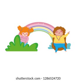 Little chubby girls in the landscape with rainbow