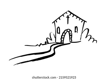 Little church in a natural landscape. Inked brush strokes hand drawn style black and white vector illustration.