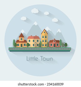 Little city street with small houses and trees and mountains on background. Flat style vector illustration.