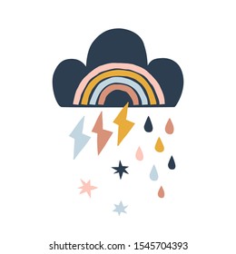 Little cloud with colorful stripy arc, droplets, lightning, stars. Scandinavian paper cut style childish weather illustration isolated on white in vector. Nursery poster print design idea.