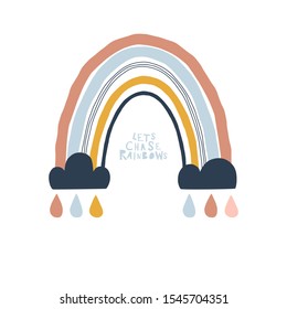 Little clouds with colorful stripy arc and droplets. Lets chase rainbows paper cut lettering. Scandinavian style childish weather illustration isolated on white in vector. Nursery poster print design