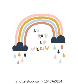 Little clouds with colorful stripy rainbow and droplets. No rain no rainbow paper cut lettering. Scandinavian style childish weather illustration isolated on white in vector. Nursery poster print