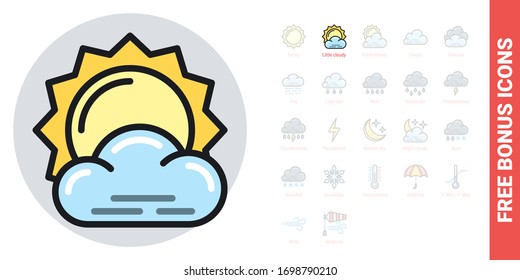Little cloudy or partly cloudy icon for weather forecast application or widget. Sun behind a small cloud. Simple color version. Free bonus icons kit included