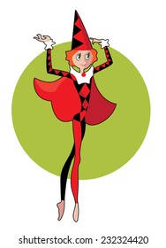 little clown in red carnival costume and cap
