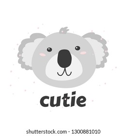 Little coala's head with word Cutie. Simple vector illustration.