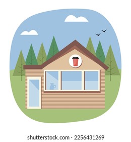 Little coffee booth or a kiosk in the park or at the camp. Isolated vector illustration in flat style