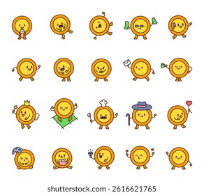 Little coin character set featuring various charming expressions, adorable moments, magical elements, business vibes, cute objects, emotional scenes and everyday activities