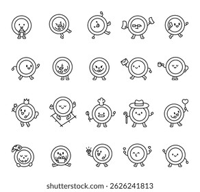 Little coin character set featuring various charming expressions, adorable moments, magical elements, business vibes, cute objects, emotional scenes and everyday activities