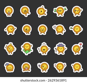 Little coin character set featuring various charming expressions, adorable moments, magical elements, business vibes, cute objects, emotional scenes and everyday activities