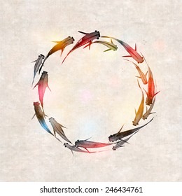 Little colored fishes hand drawn on vintage rice paper in traditional Japanese style sumi-e