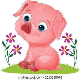 The little colored pig is sitting and smiling in the garden of illustration