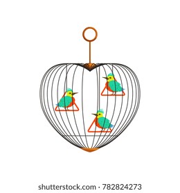 Little colorful birds with long beaks on triangle swings in cell. Cage in form of heart. Concept for pet shop, business flyer, postcard. Cartoon flat vector characters