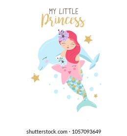 Little colorful dolphin and mermaid holding a sea star in pastel colors. Cute Illustration for baby showers, birthday, t-shirts, mugs, cards and backgrounds. funny character design