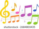 Little colorful notes sing and dance. Children musical school lesson activity. Colorful musical notes on pentagram. Melody symbols play music.  Vector Illustration
