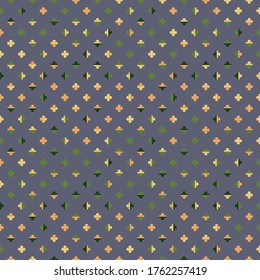 Little colourful four leaf water clovers on purple background. Playful happy pattern in yellow, orange and green. Seamless stylised geometric texture for fashion materials and interiors.