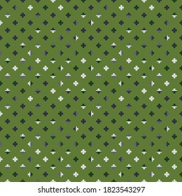 Little colourful stylised four leaf water clovers texture on green background. Playful seamless geometric vector pattern for fashion materials, prints, wallpaper and interior decoration.