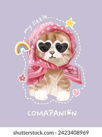 little companion slogan with cute kitten and colorful icons hand drawn vector illustration