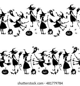 Little conjuring witches. Witchcraft. Happy halloween. Black and white. Seamless background pattern. Vector illustration