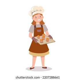 Little cook. Child is holding baking sheet with homemade cupcakes. Cute cartoon girl in chef's hat and apron bakes muffins. Vector illustration in flat style isolated on white background.