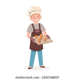 Little cook. Child is holding baking sheet with homemade cupcakes. Cute cartoon boy in chef's hat and apron bakes muffins. Vector illustration in flat style isolated on white background.