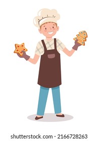 Little cook. The child is holding gingerbread. Cartoon boy in a chef's hat and apron bakes Christmas cookies. Vector illustration in flat style isolated on white background.