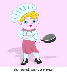 little cook with a frying pan and a knife, vector drawing.