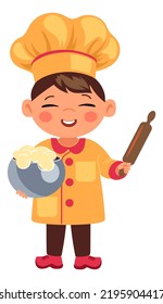 Little Cook With Prolling Pin And Dough. Cartoon Kid Chef