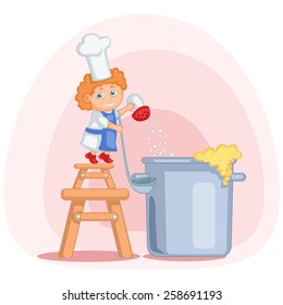 little cook standing on the stool with big ladle and salting a soup