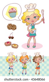 Little cook. Vector illustration of a cute little girl saying "Let's cook!"