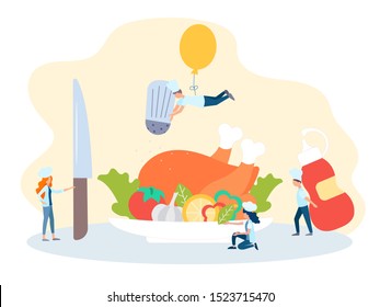 Little cooks cook Turkey, chicken. Delicious food delivery, craftsmen prepare delicious and nutritious food, holiday table illustration, happy thanksgiving concept. Vector illustration.