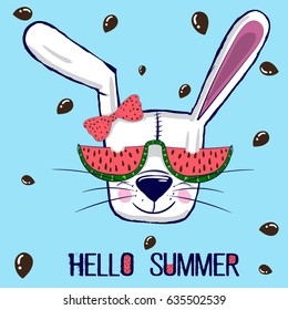 Little cool white bunny with whiskers wears red sunglasses in green frame, a watermelon with seeds in the form of hearts, text "hello summer", blue background. for t-shirts, phone case, mugs,wall art.