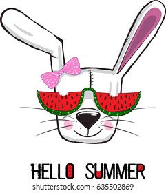 Little cool white bunny with whiskers wears red sunglasses in green frame, a watermelon with seeds in the form of hearts, text "hello summer", blue background. for t-shirts, phone case, mugs,wall art.