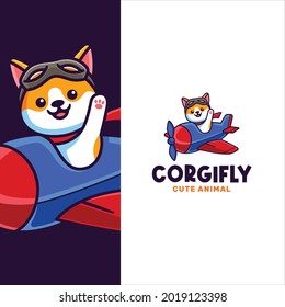 Little Corgi Flying A Plane Logo Template