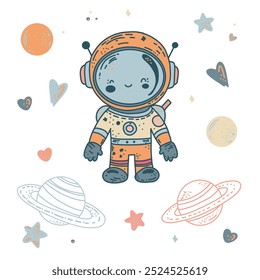 The little cosmonaut. Color suit and space objects.