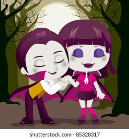 Little Count Dracula kissing his vampire girlfriend hand enjoying a lovely Halloween or Valentine night on a dead tree forest