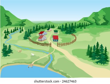 Little the country at the foot of mountains. Vector.