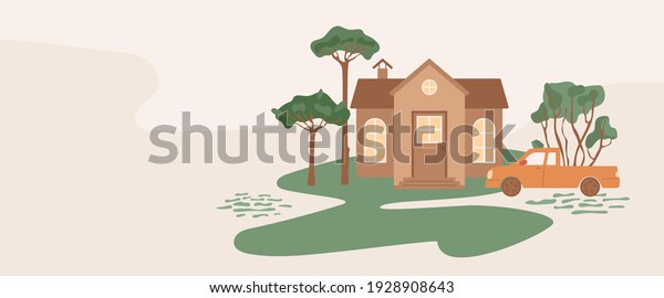 Little country house with a car in the yard.\
Abstract shape grass, trees, texture. Vertical banner on beige\
background for real estate advertising, suburban weekend. Vector\
illustration in flat\
style.