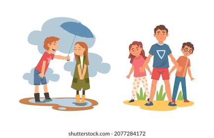 Little Courteous Boy Holding Umbrella Protecting Girl from Rain and Defending Weak Vector Set