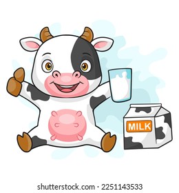 Little cow cartoon showing a glass of milk