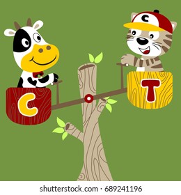 Little cow with cute cat playing seesaw, vector cartoon illustration