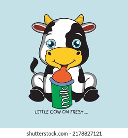 little cow with drink milk design cartoon vector illustration