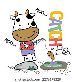 a little cow is fishing funny animal cartoon