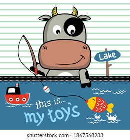 little cow is fishing in the lake,funny animal cartoon