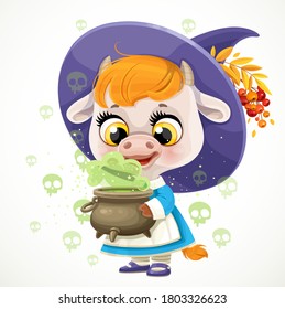 Little cow girl witch with cauldron of potion  isolated on a white background